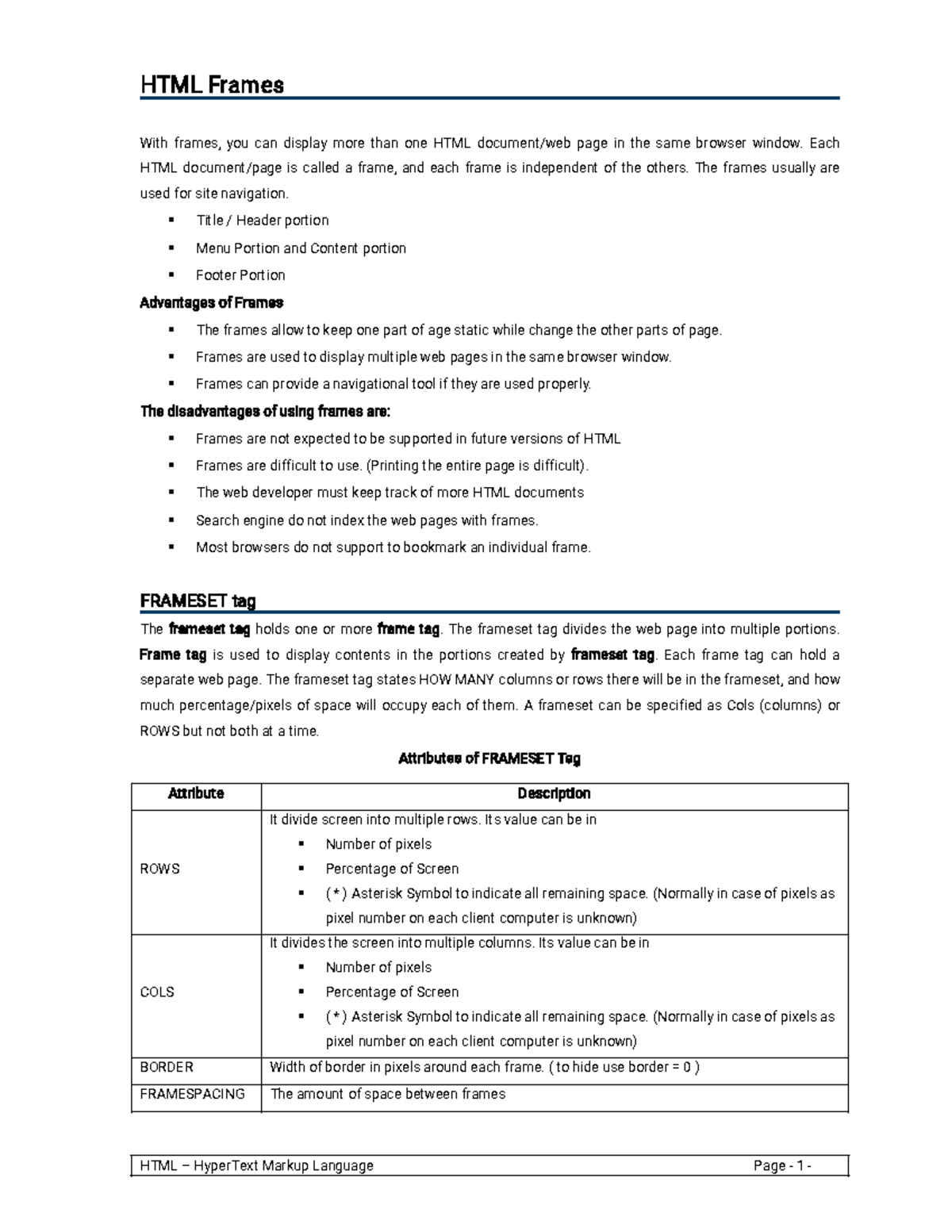 HTML Frames - web programming notes of html - HTMLFrames - Studocu