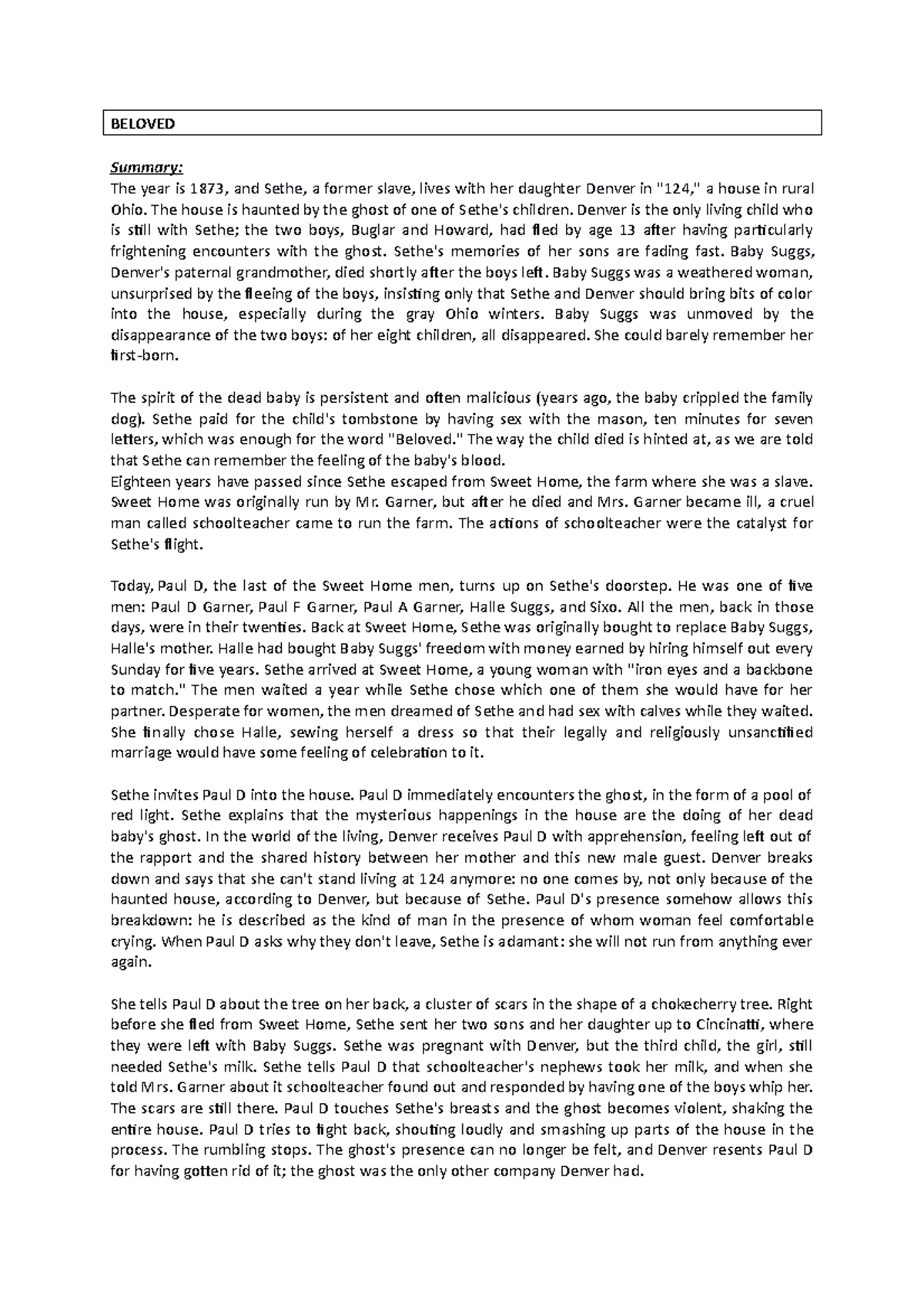 Summary Beloved - BELOVED Summary: The year is 1873, and Sethe, a ...