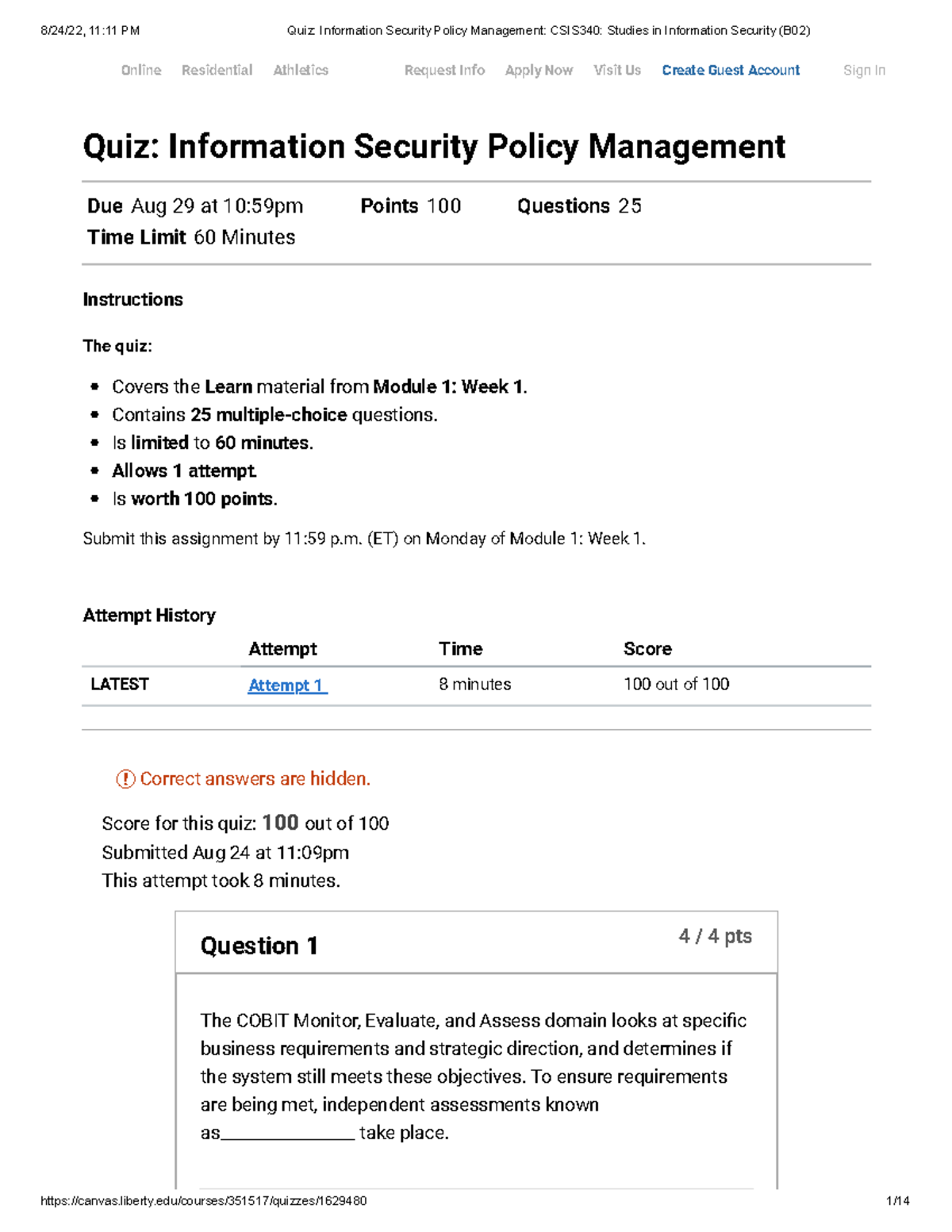 Quiz Information Security Policy Management CSIS340 Studies In ...