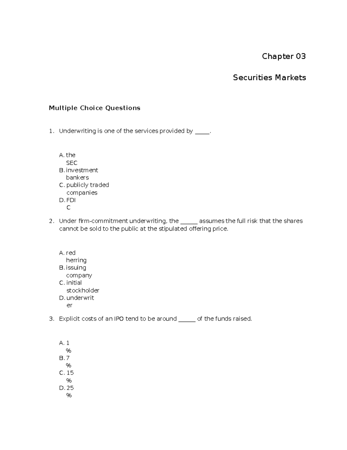 Chap003 - Important Study Guide - Chapter 03 Securities Markets ...