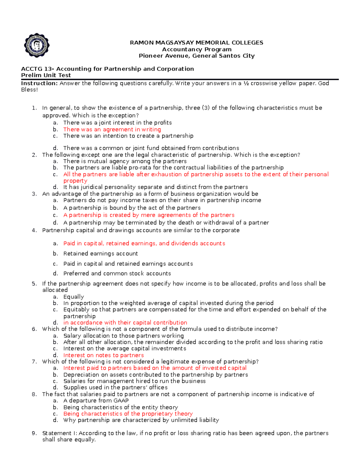 Acctg 13 Parcor-unit Test (formation&operation) - Ramon Magsaysay 