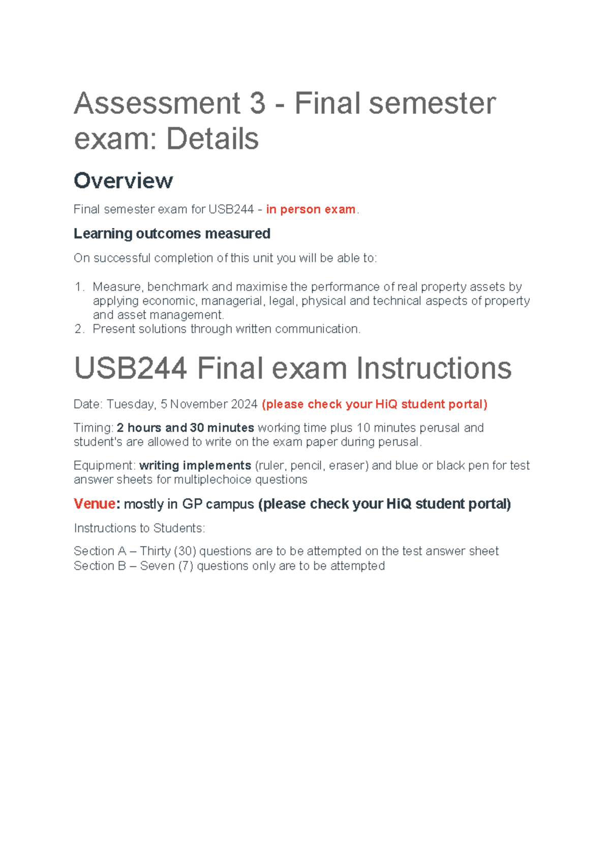 USB244 exam details - Summary Asset Performance - Assessment 3 - Final ...