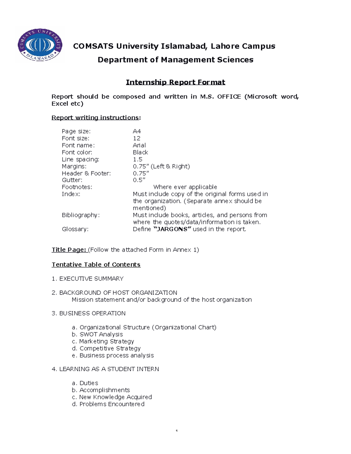 Internship Report Format - COMSATS University Islamabad, Lahore Campus