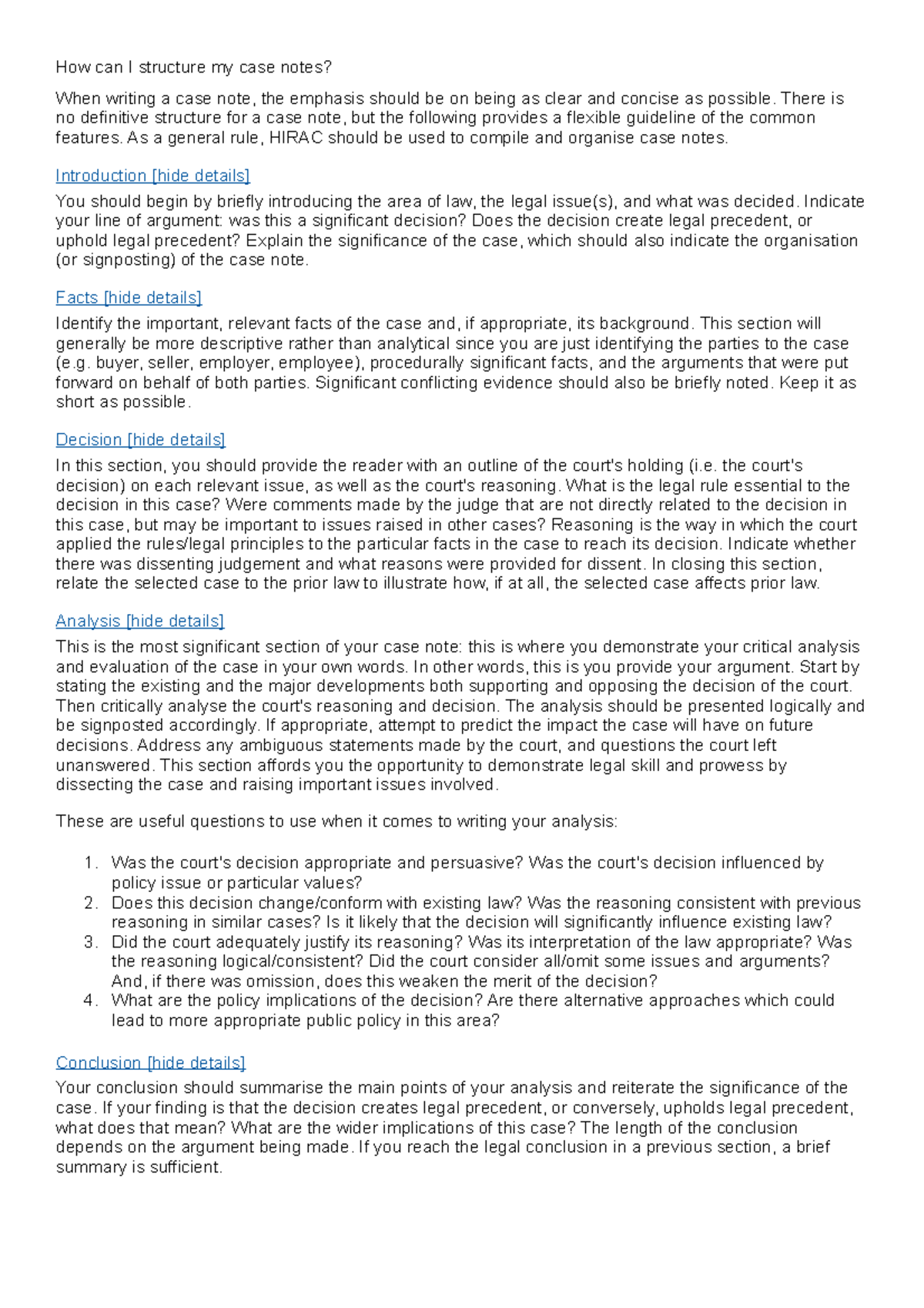 How can I structure my case notes - LAWS1201 - ANU - Studocu