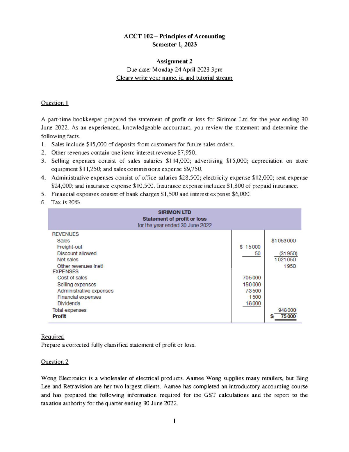 ACCT 102 Assignment 2 - Questions - 1 ACCT 102 – Principles Of ...