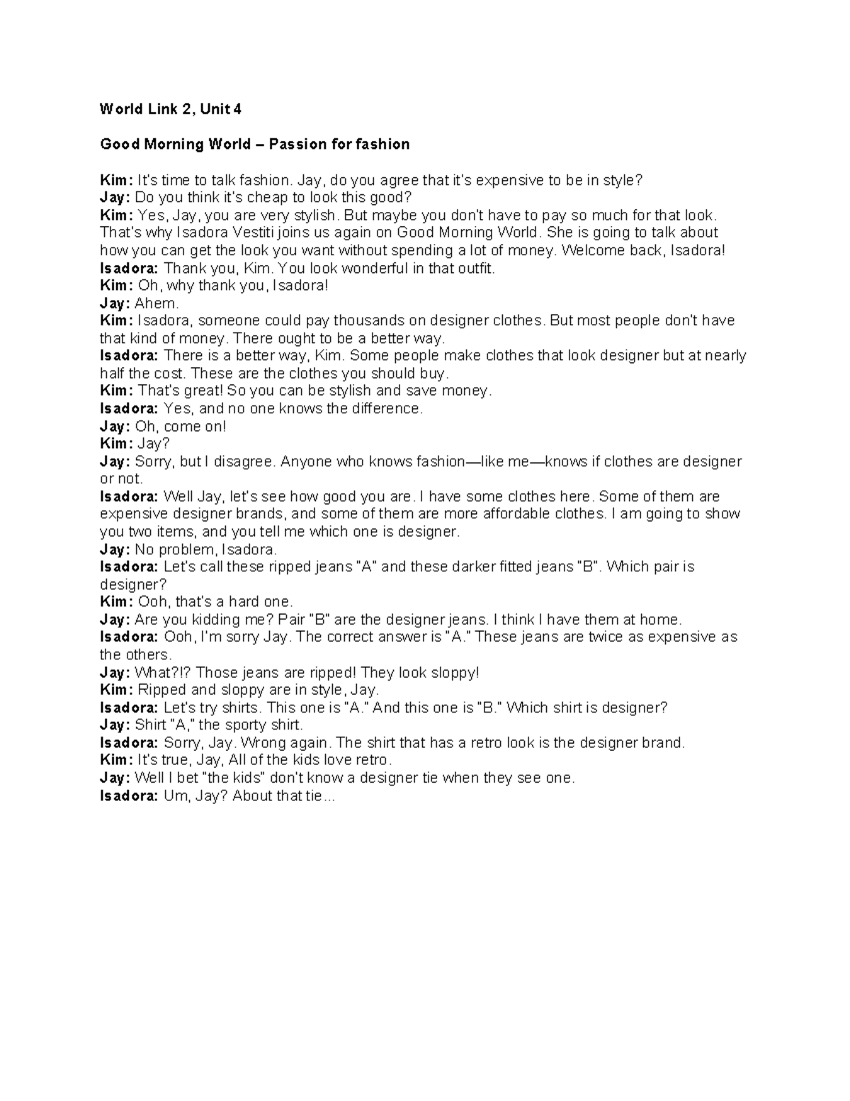 Wl3e level 02 u04 gw video script - World Link 2, Unit 4 Good Morning ...