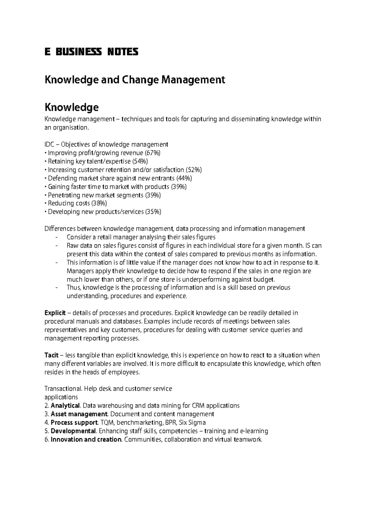 Summary - complete - E business notes Knowledge and Change Management ...