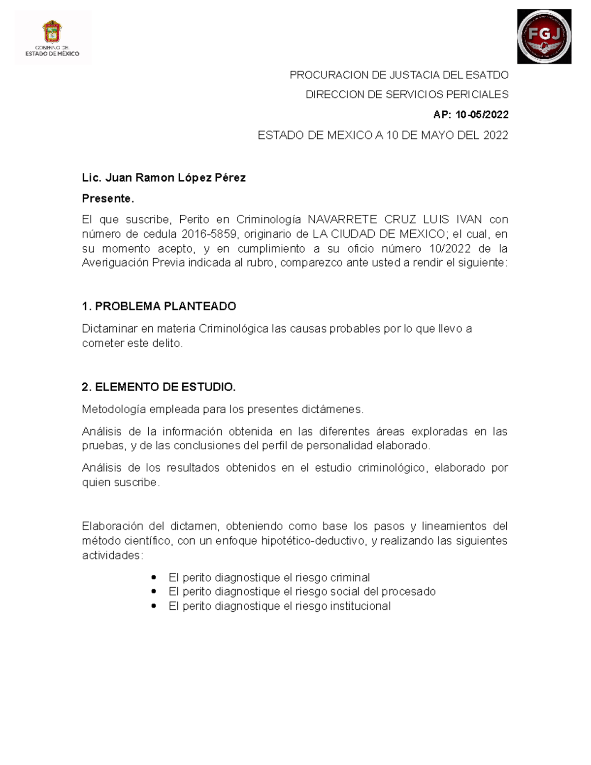 Dictamen clasrrom - PROCURACION DE JUSTACIA DEL ESATDO DIRECCION DE ...