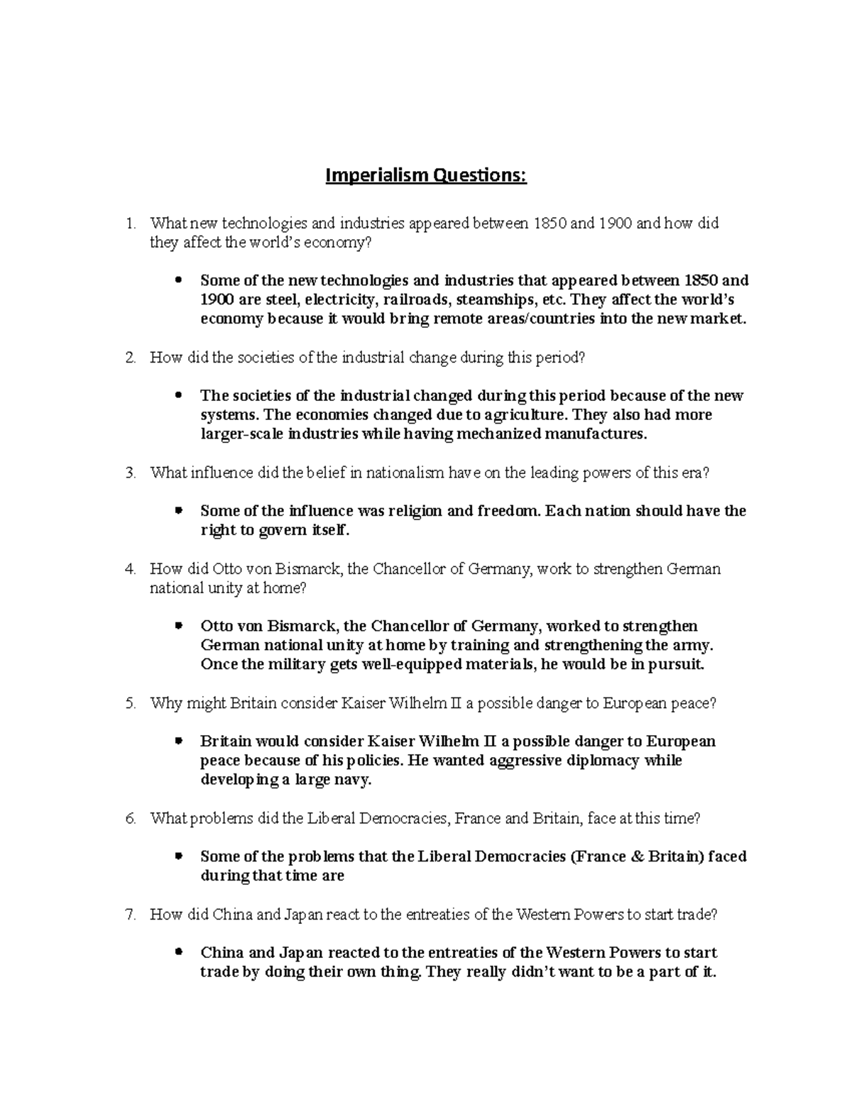 Imperialism Questions Imperialism Questions What new technologies