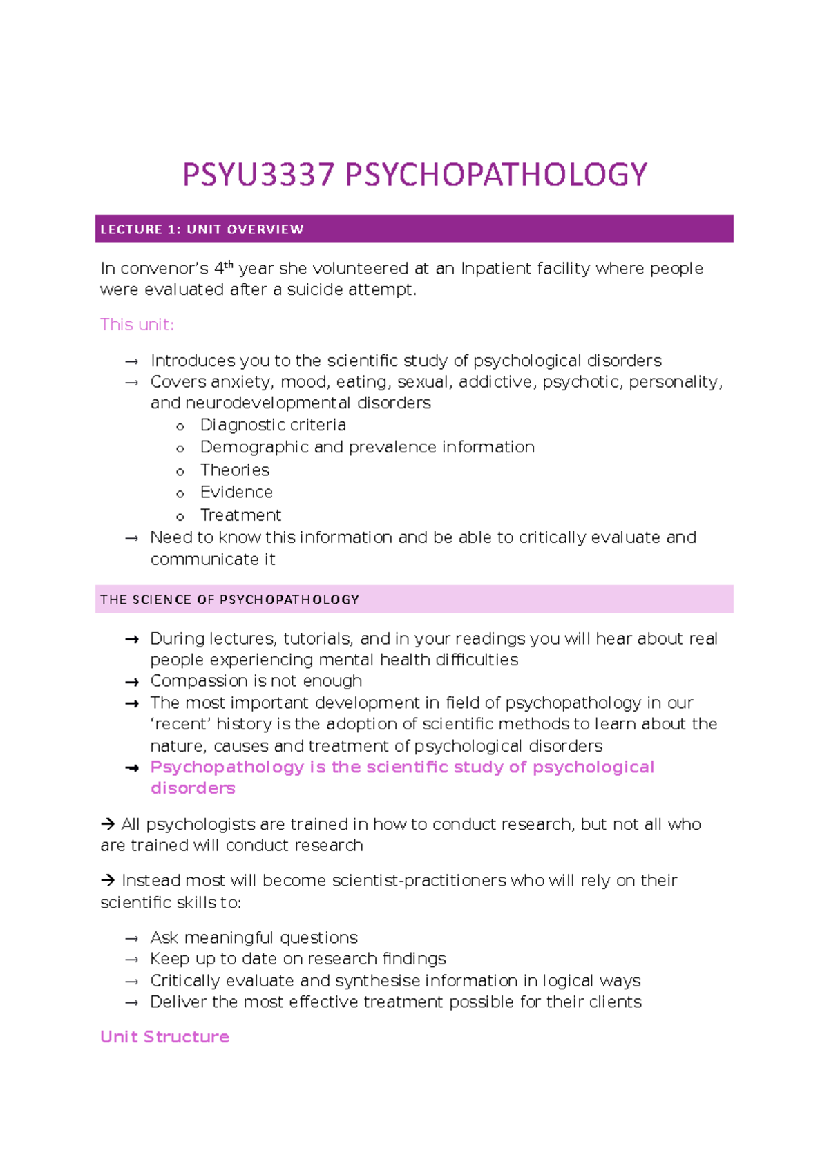 PSYU3337 Psychopathology - PSYU3337 PSYCHOPATHOLOGY LECTURE 1: UNIT ...