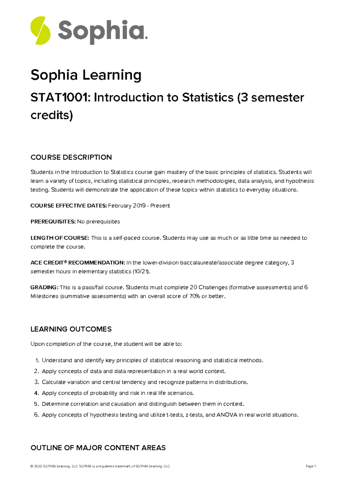 Sophia Introduction To Statistics Syllabus - Sophia Learning STAT1001 ...