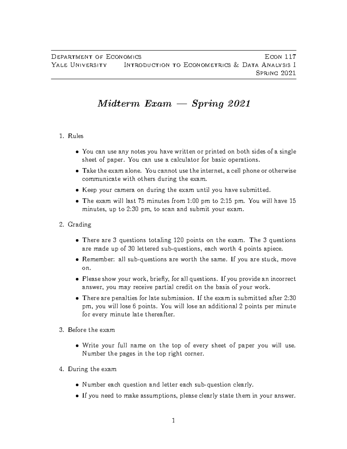 Solutions Midterm Spring 2021 - Department Of Economics Econ 117 Yale ...