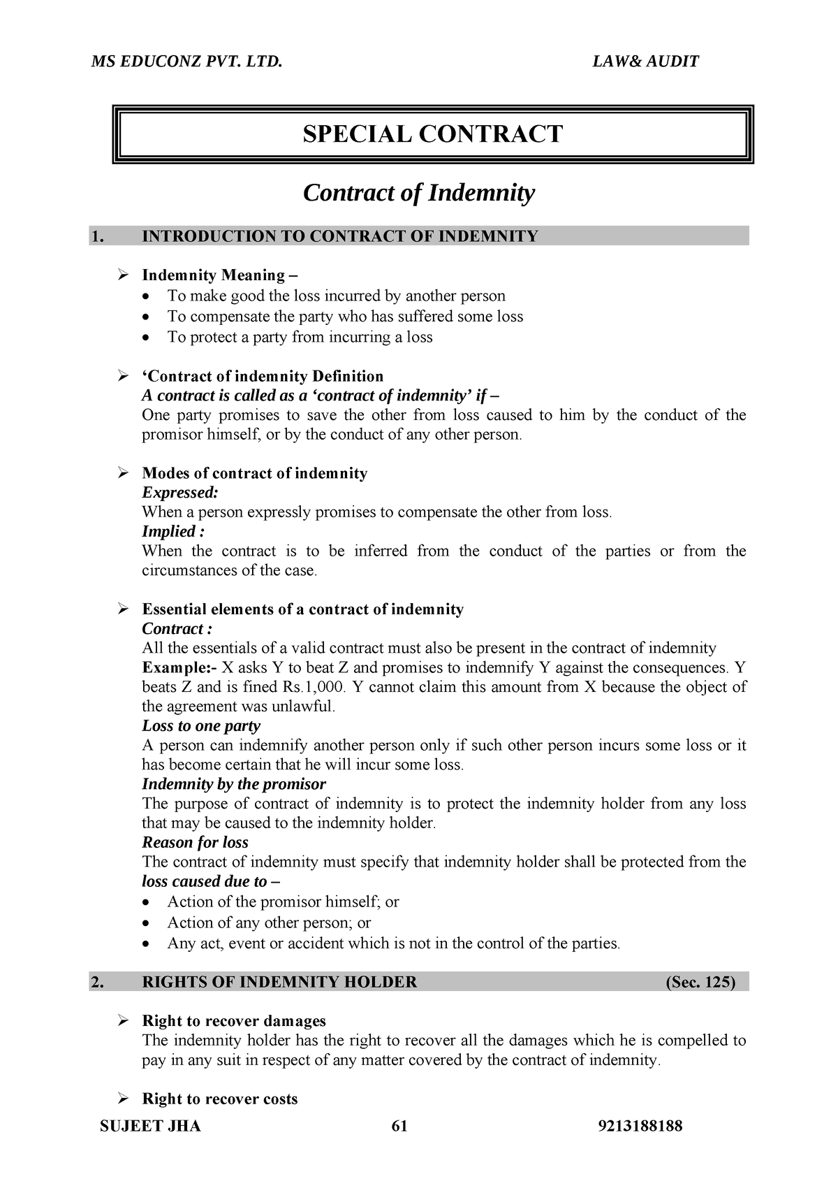 Contract Law - SPECIAL CONTRACT Contract Of Indemnity 1. INTRODUCTION ...