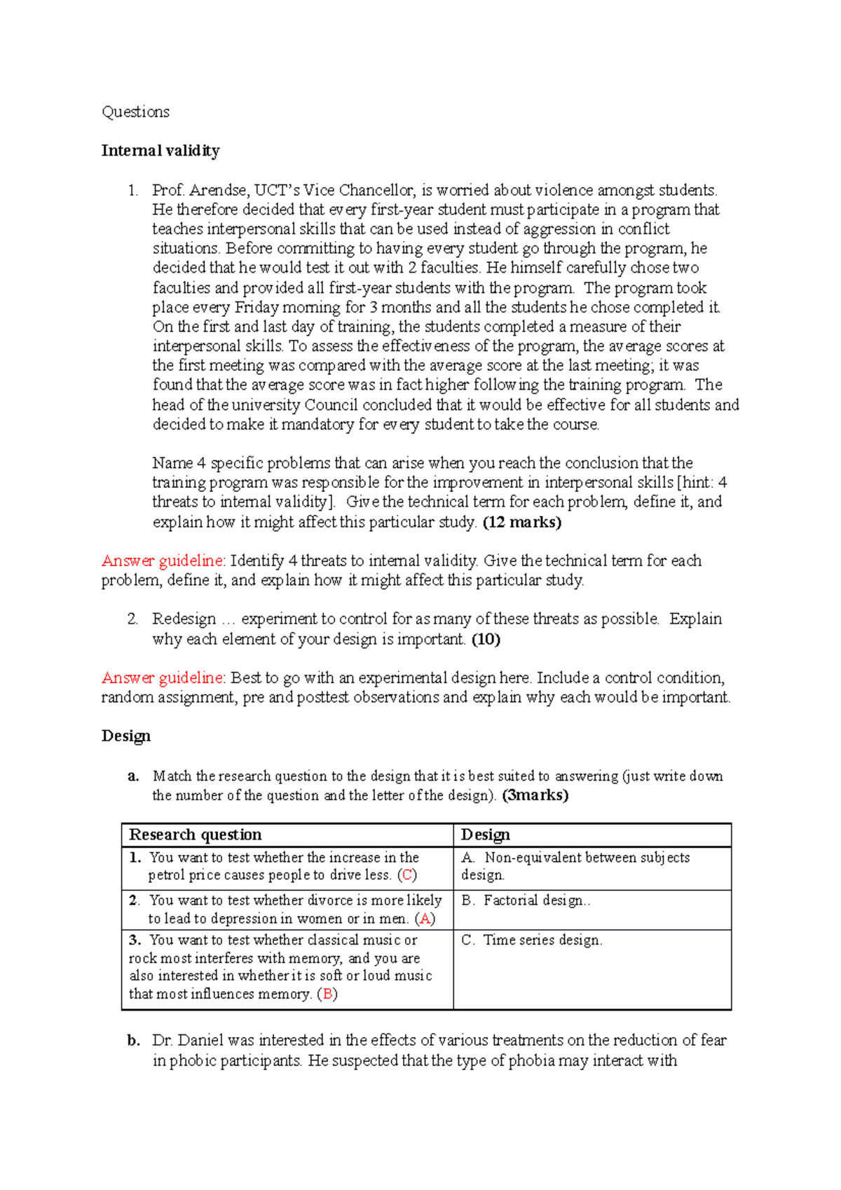 Sample Questions and answers - Questions Internal validity 1. Prof ...