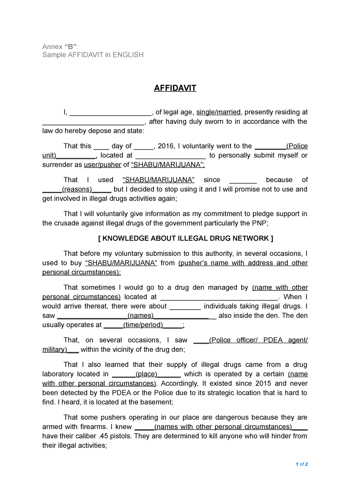 Sample Format Of Affidavit English - Annex “B” : Sample AFFIDAVIT In ...