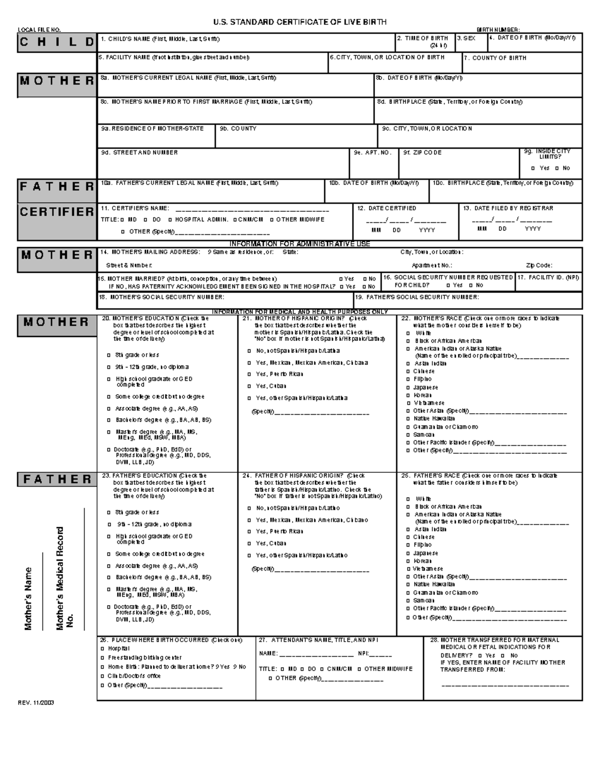 U. S. Standard Certificate of Live Birth (November 2003 ) - U. STANDARD ...