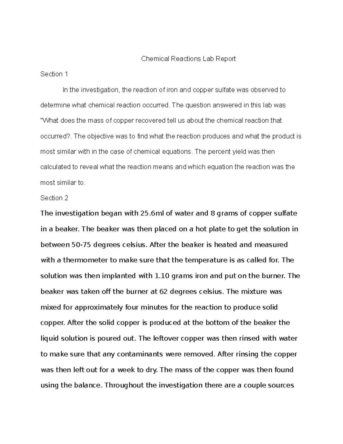 Chemical Reactions Lab Report Chemical Reactions Lab Report Section 1