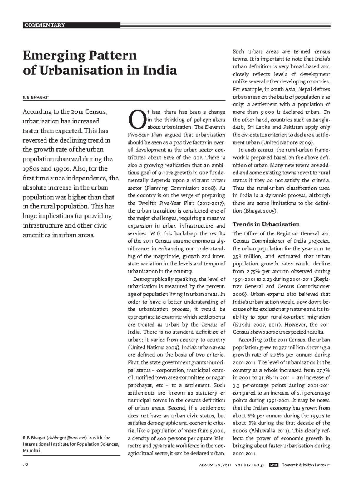 Emerging Pattern Of Urbanisation In India - COMMENTARY 10 August 20 ...