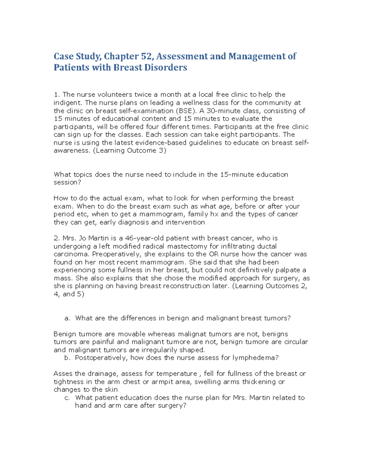 Case stude breast cancer med surge 2 Case Study, Chapter 52