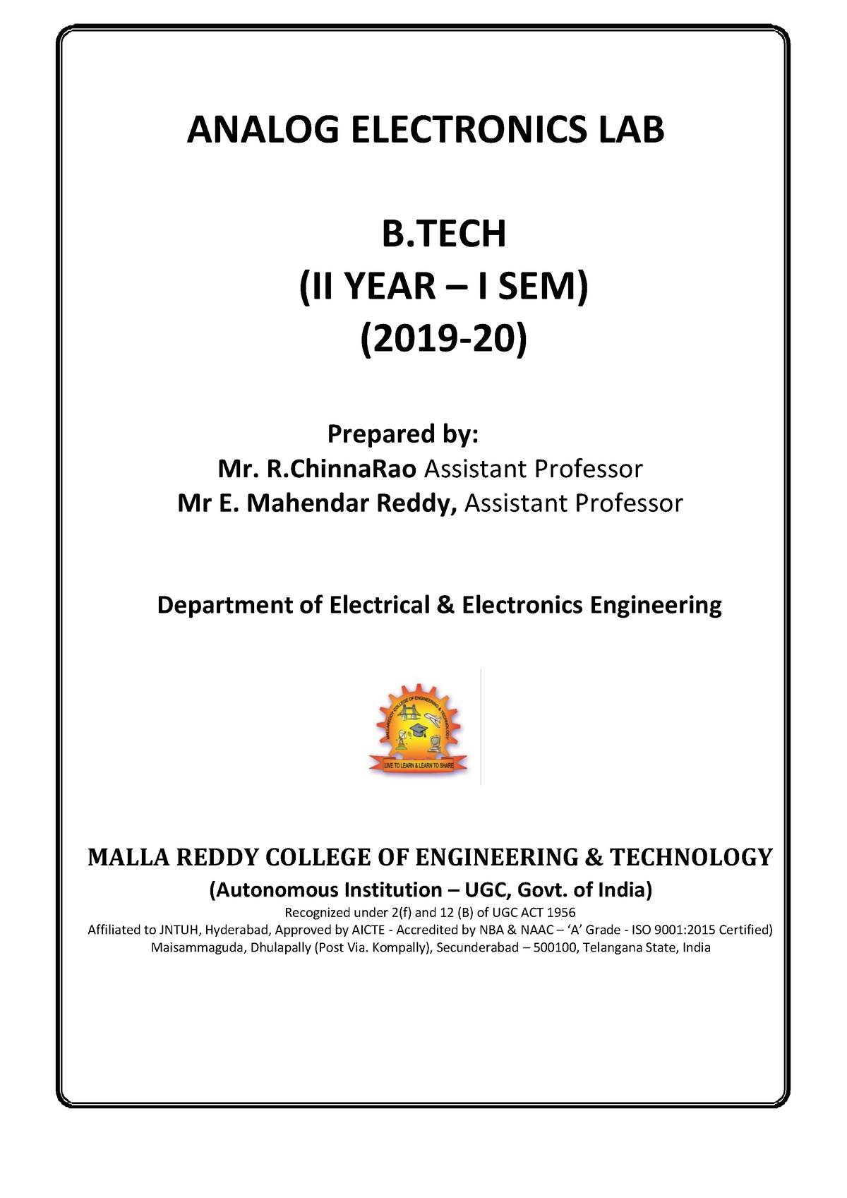 Analog Electronics LAB Manual - ANALOG ELECTRONICS LAB B (II YEAR – I ...