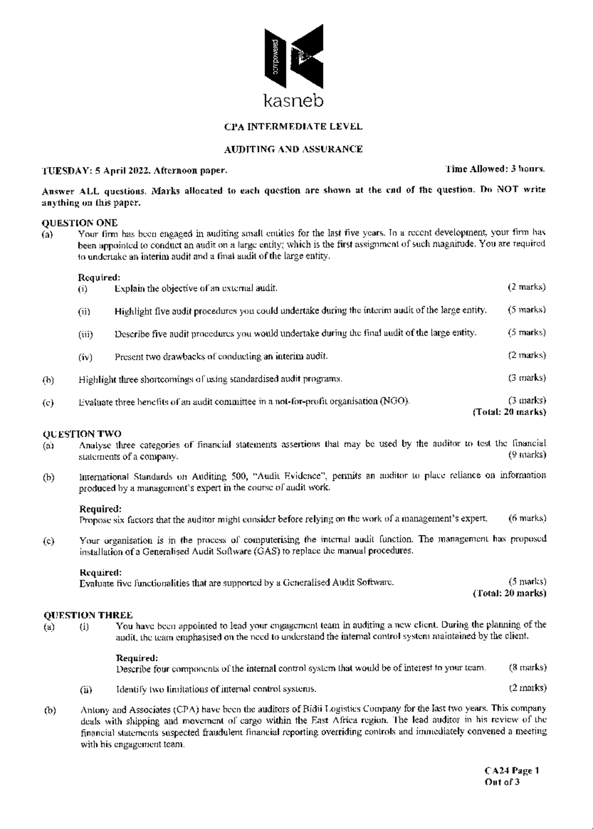CA24 Auditing and Assurance - BCommerce - Studocu