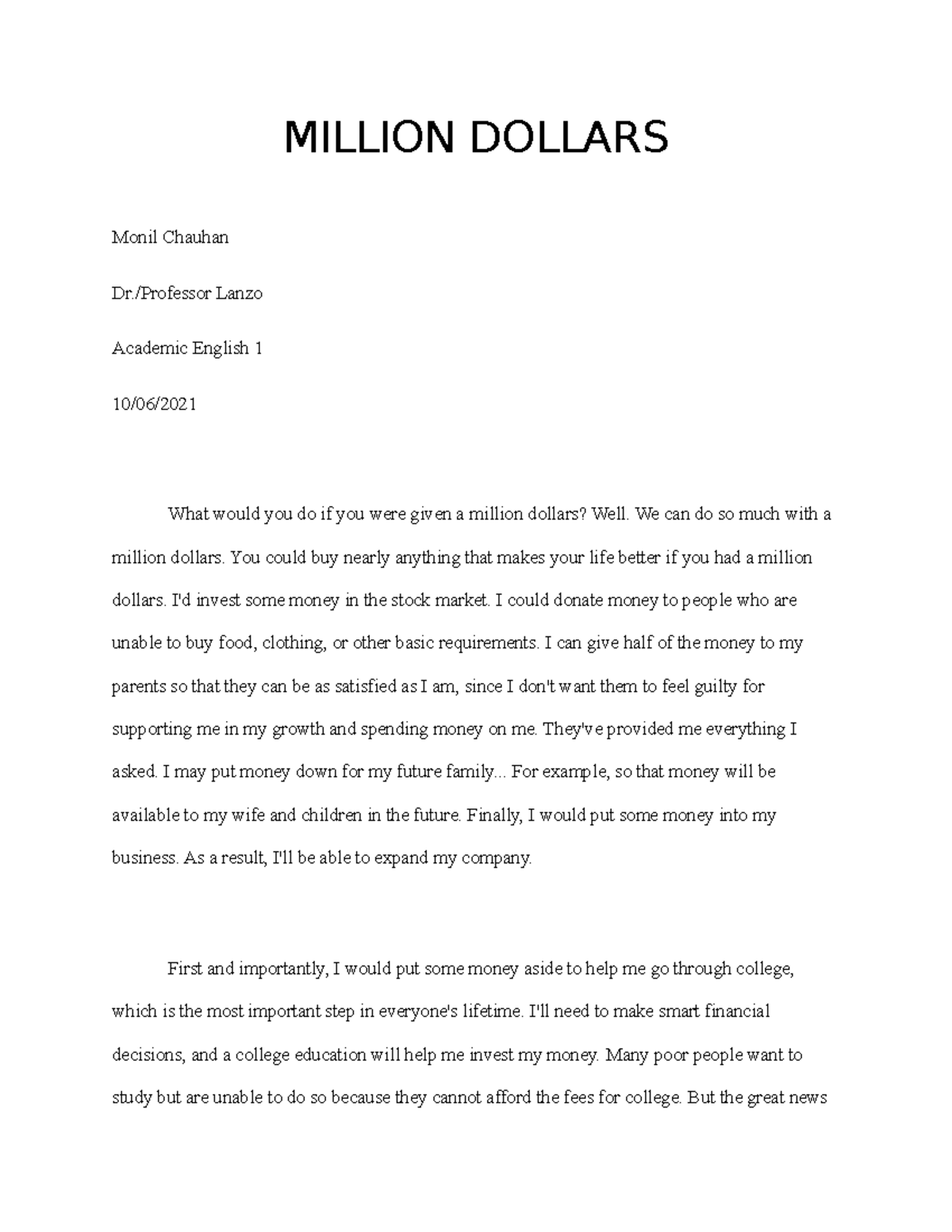 if i had a million dollars to give away essay