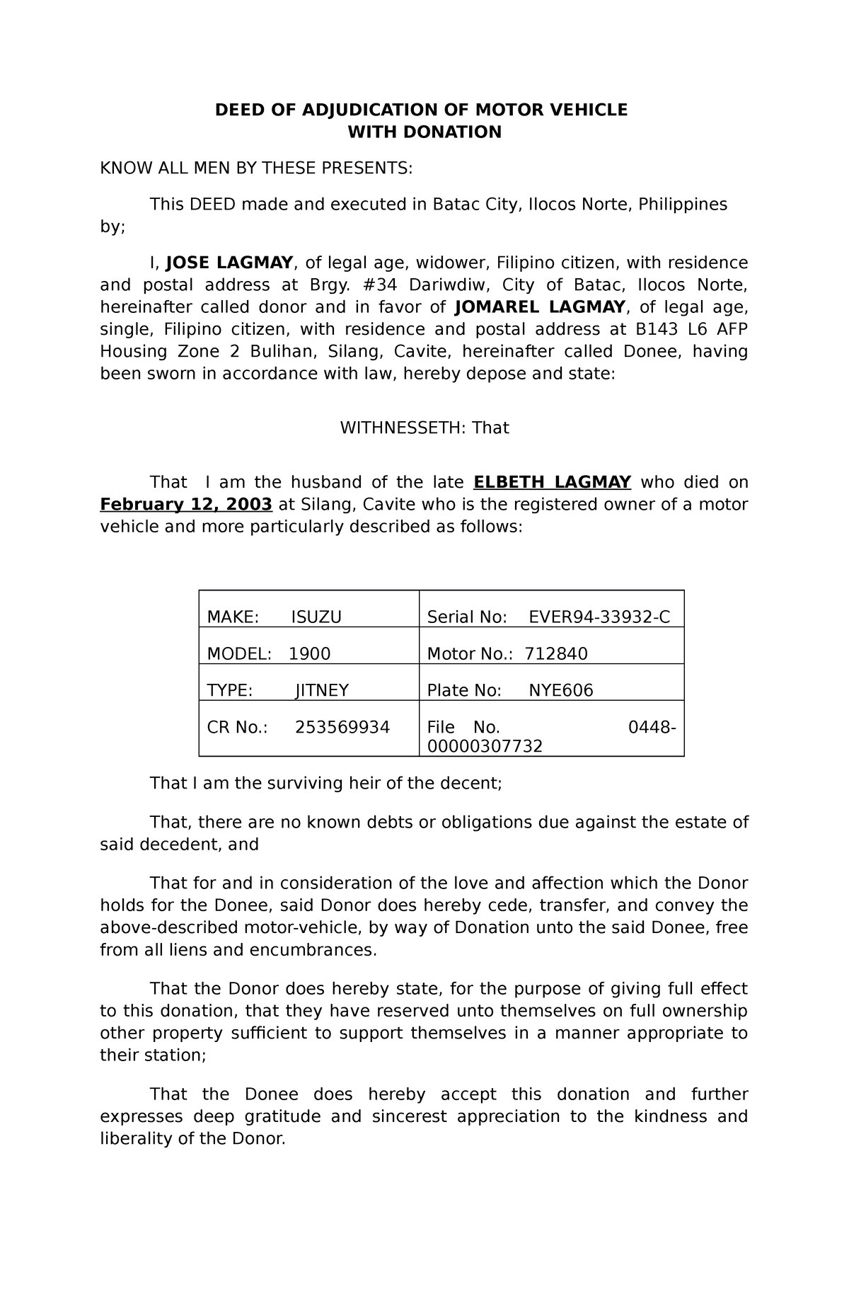 deed of assignment of motor vehicle philippines