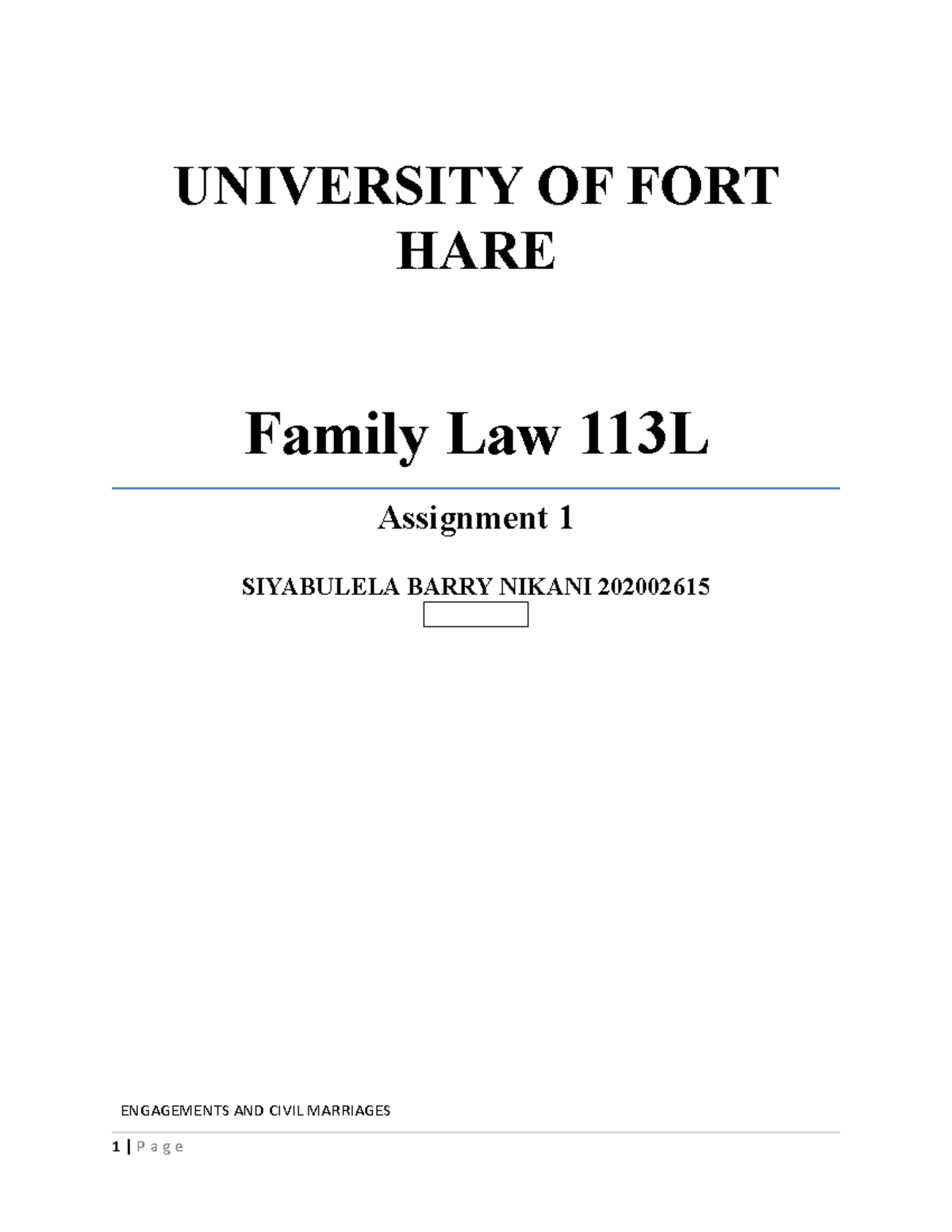 Family LAW Assignment 1 Nikani - UNIVERSITY OF FORT HARE Family Law ...