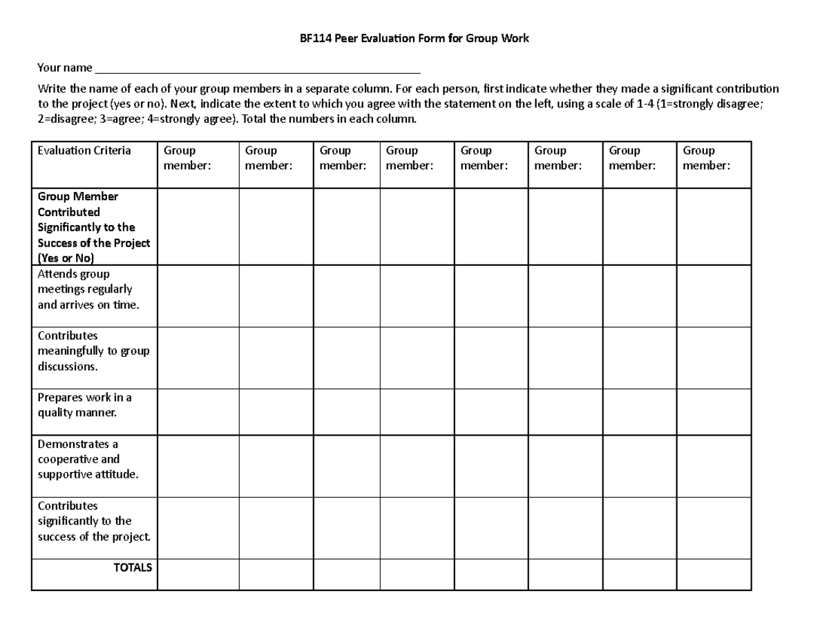 Peer Evaluation Form - not important - BF114 Peer Evaluation Form for ...