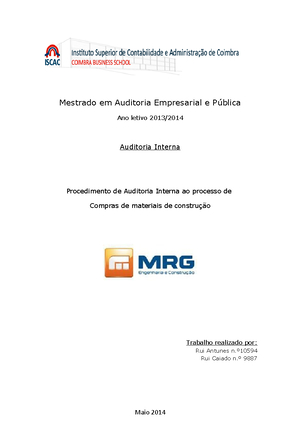 Resumo 1º Frequência auditoria - Auditoria e Controlo Interno Resumo 1ª ...