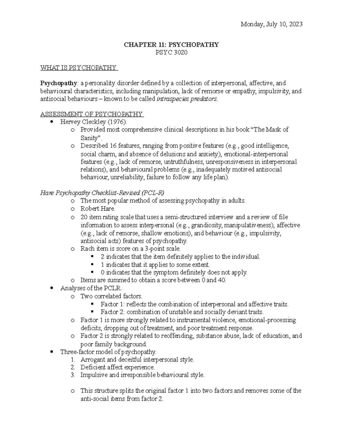 Chapter 11 PSYC 3020 - N/A - CHAPTER 11: PSYCHOPATHY PSYC 3020 WHAT IS ...