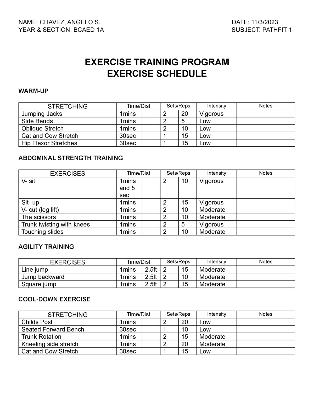 Exercise- Training- Program - NAME: CHAVEZ, ANGELO S. DATE: 11/3/ YEAR ...