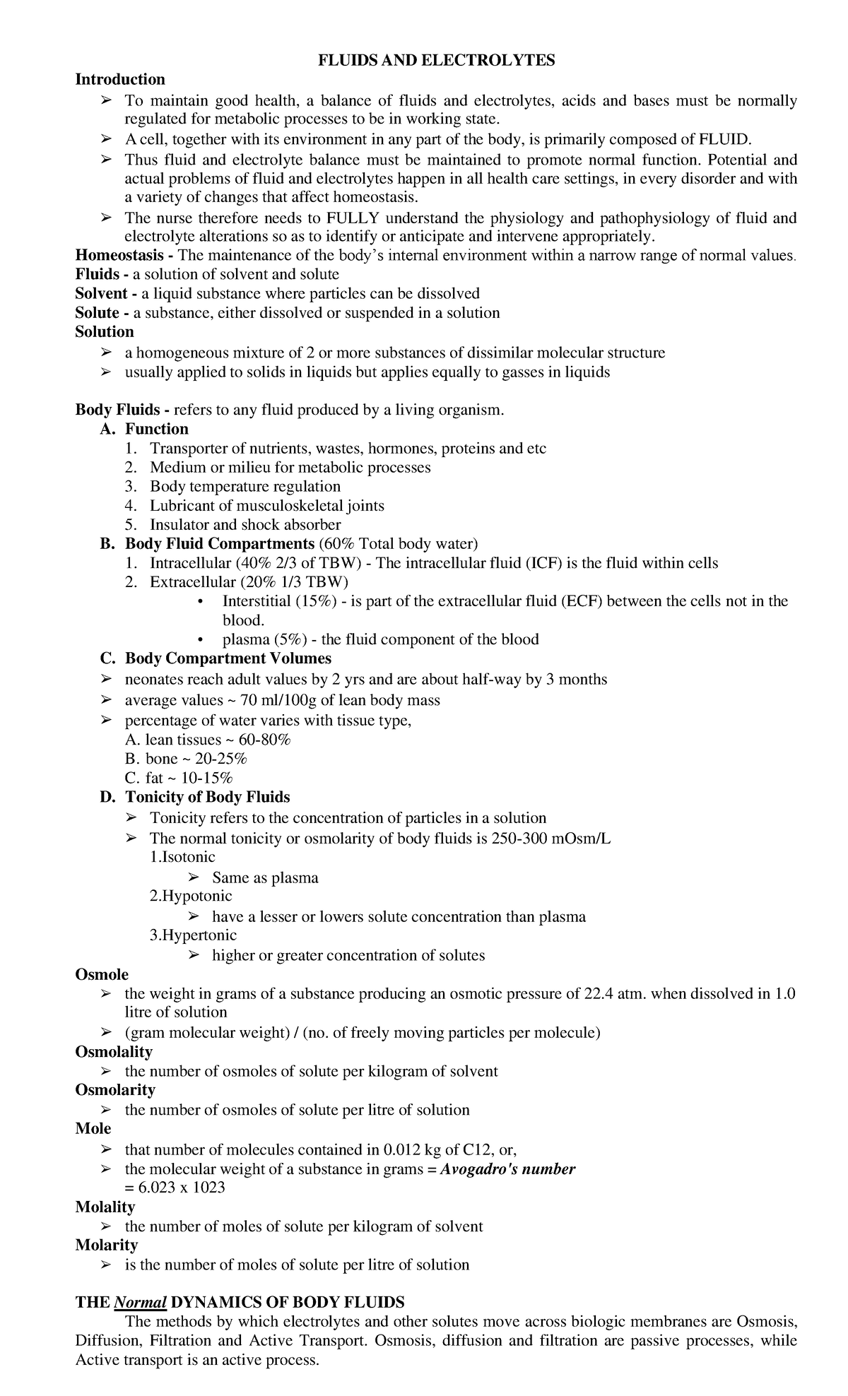 Fluids AND Electrolytes Notes - FLUIDS AND ELECTROLYTES Introduction To ...