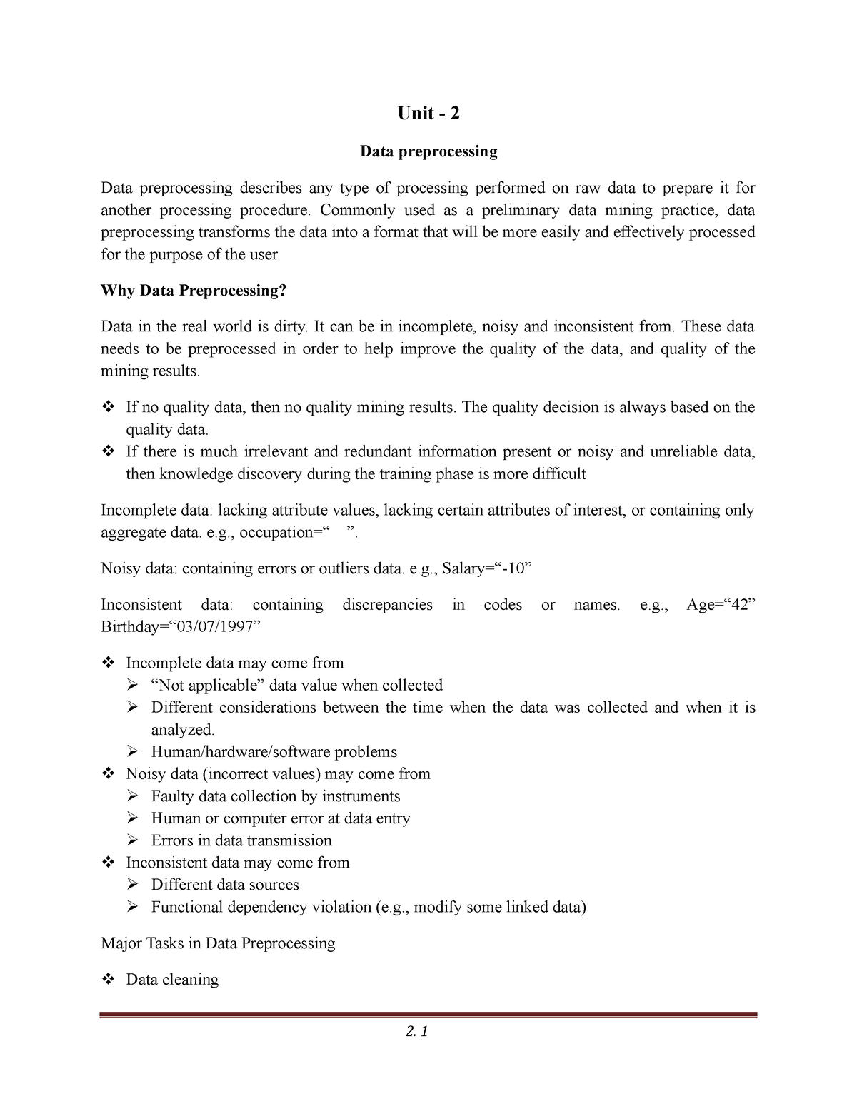 Unit 2 - Unit - 2 Data Preprocessing Data Preprocessing Describes Any ...