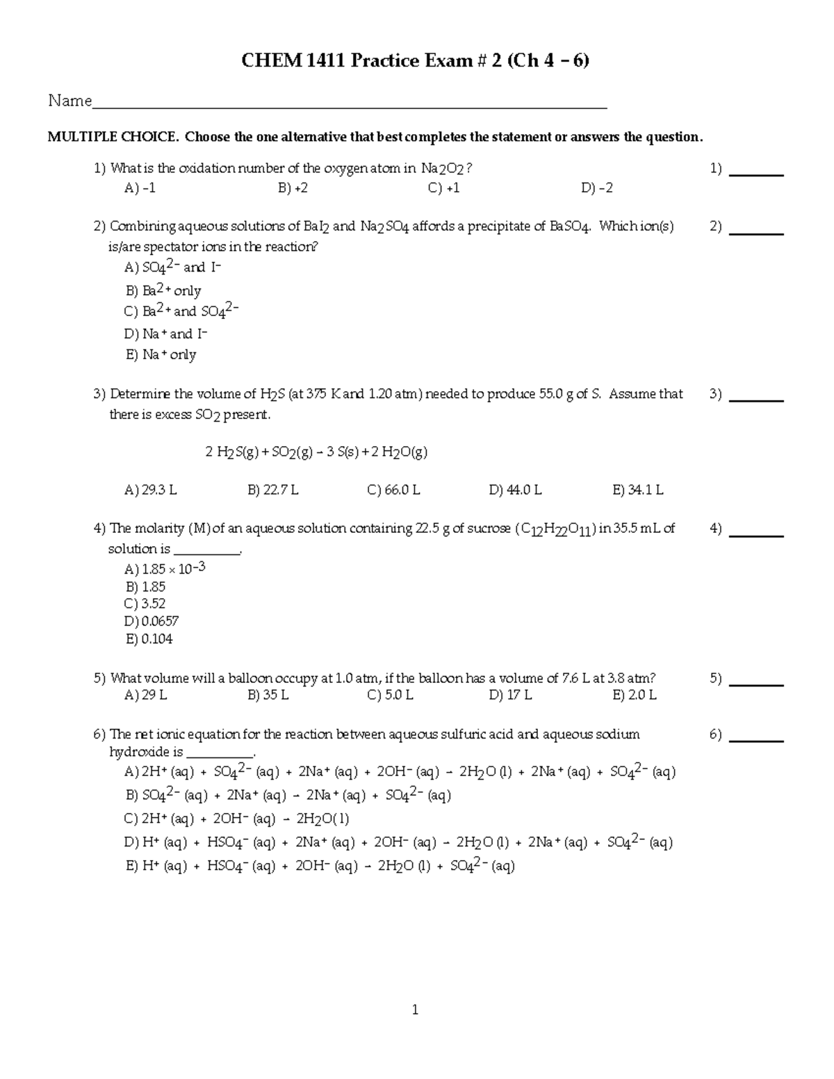 CHEM 1411 Practice Exam # 2 (Ch 4 - 6) - CHEM 1411 Practice Exam # 2 ...