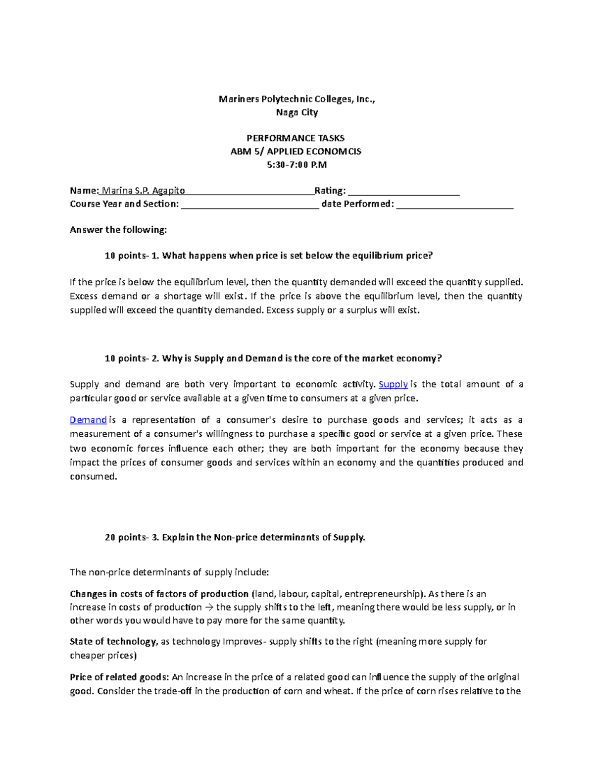 Performance Tasks - lectures about economics - Mariners Polytechnic ...