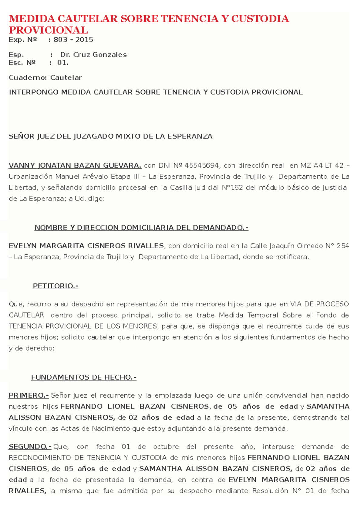 Medida Cautelar Sobre Tenencia Y Custodia Provicional Medida Cautelar