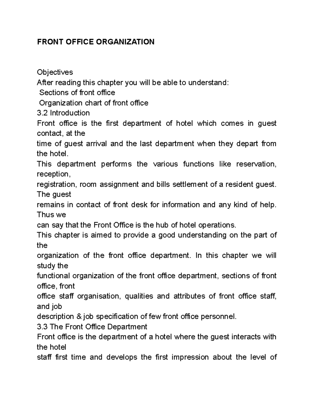 Front Office Organization FRONT OFFICE ORGANIZATION Objectives After reading this chapter you