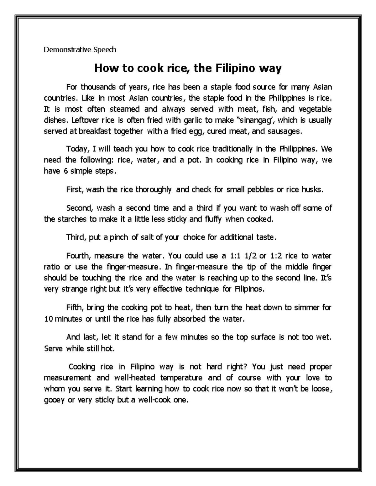 Demonstration for merge Demonstrative Speech How to cook rice, the Filipino way For