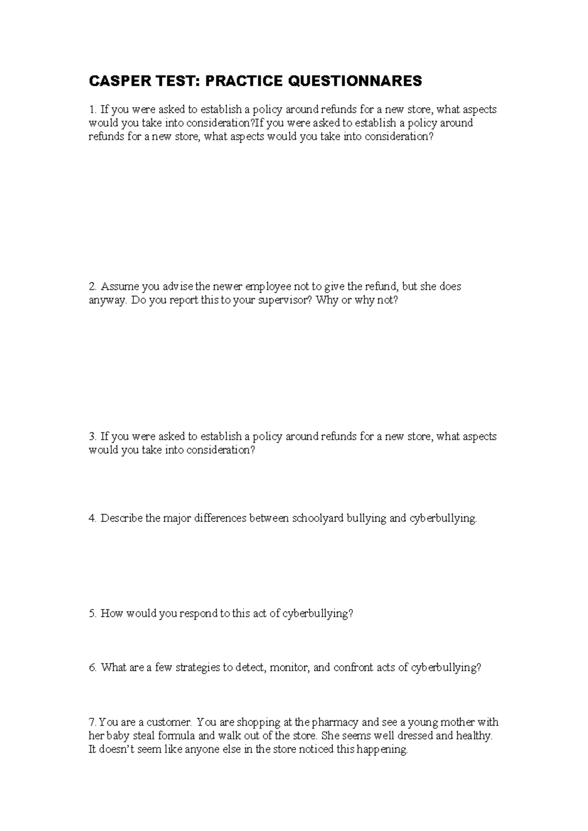 Casper TEST - CASPER TEST: PRACTICE QUESTIONNARES If you were asked to ...
