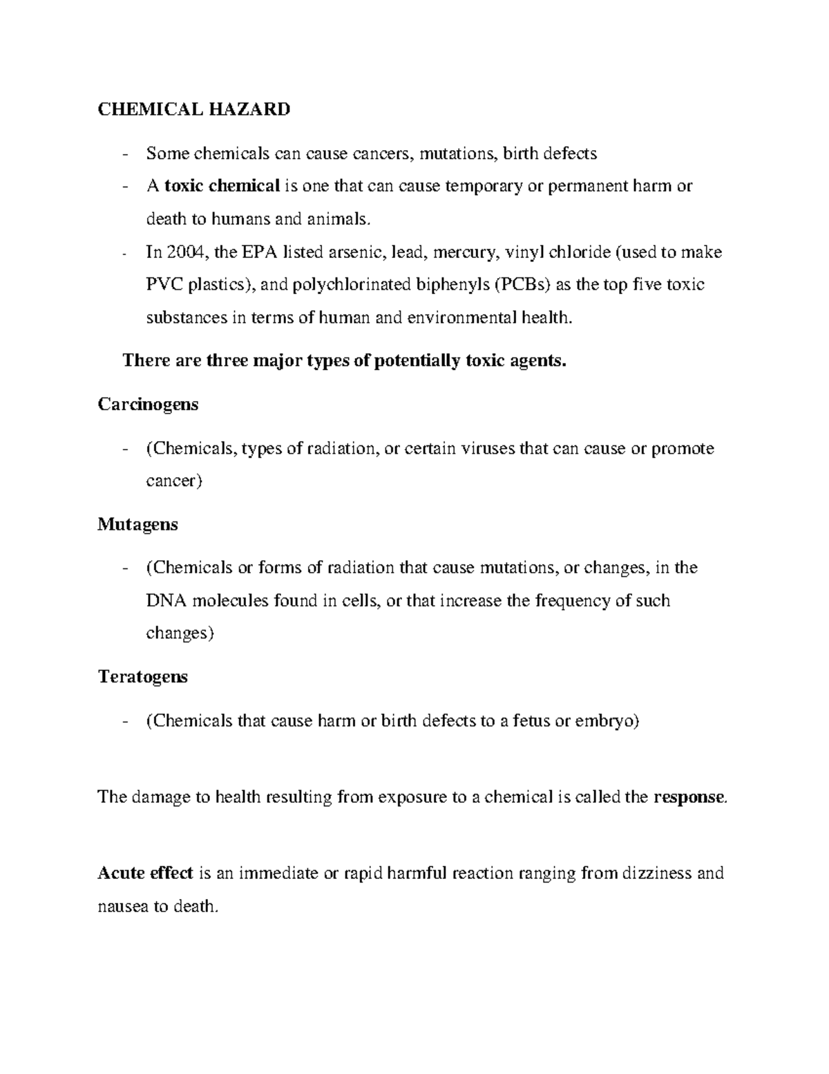 Chemical Hazard Environmental Science CHEMICAL HAZARD Some