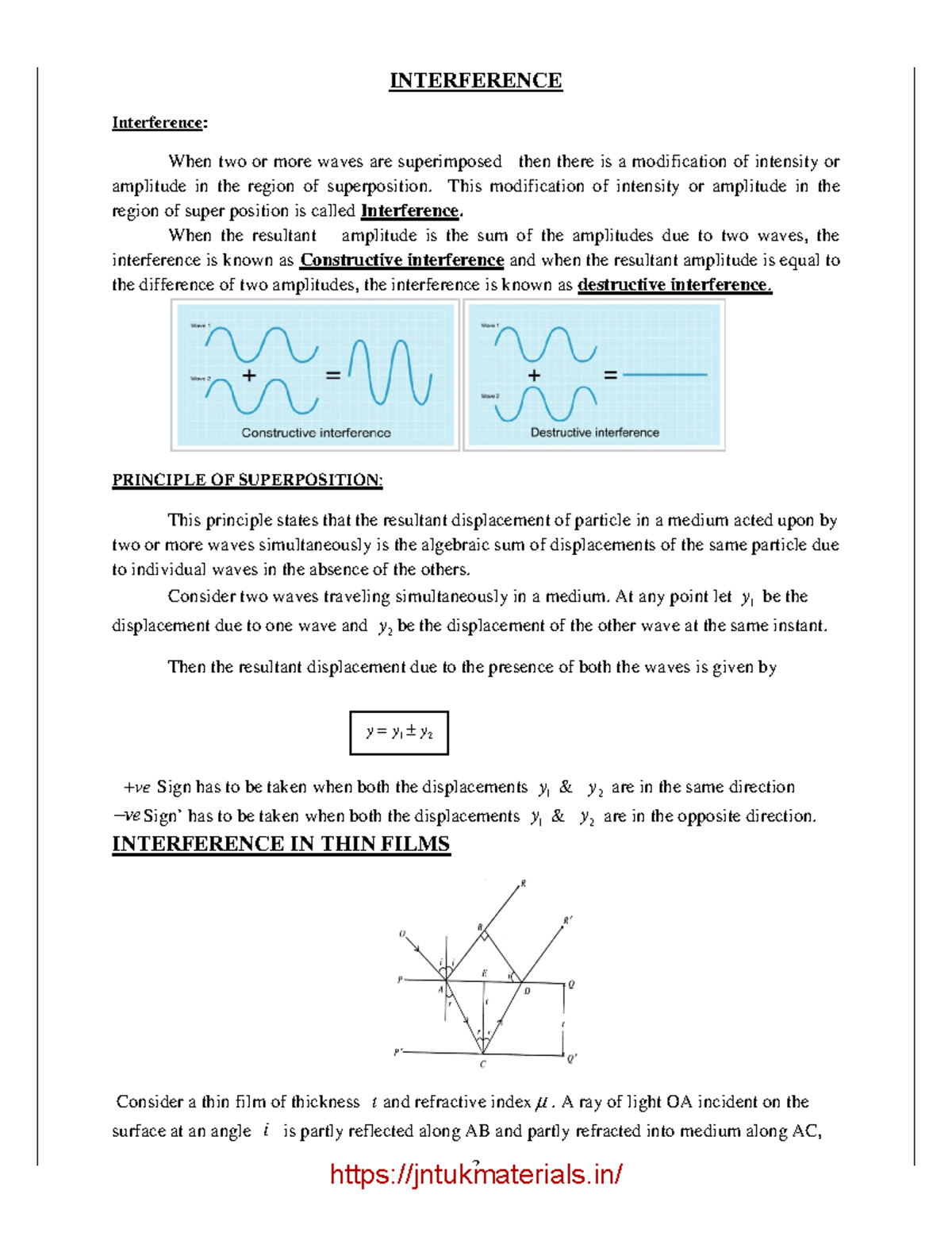 Engineering Physics-1 - 3 INTERFERENCE Interference: When two or more ...