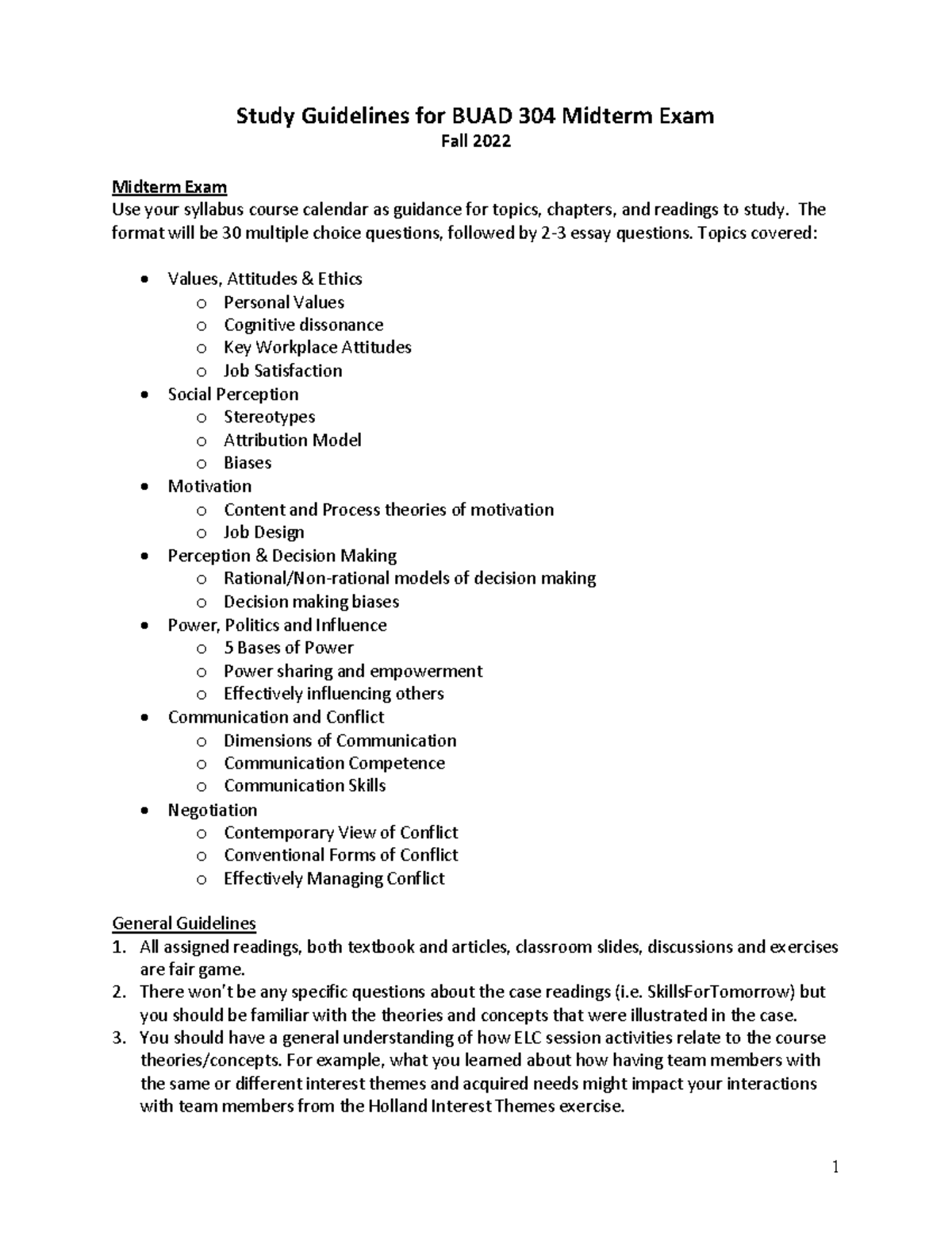 304 Midterm Exam Study Guide - 1 Study Guidelines For BUAD 304 Midterm ...