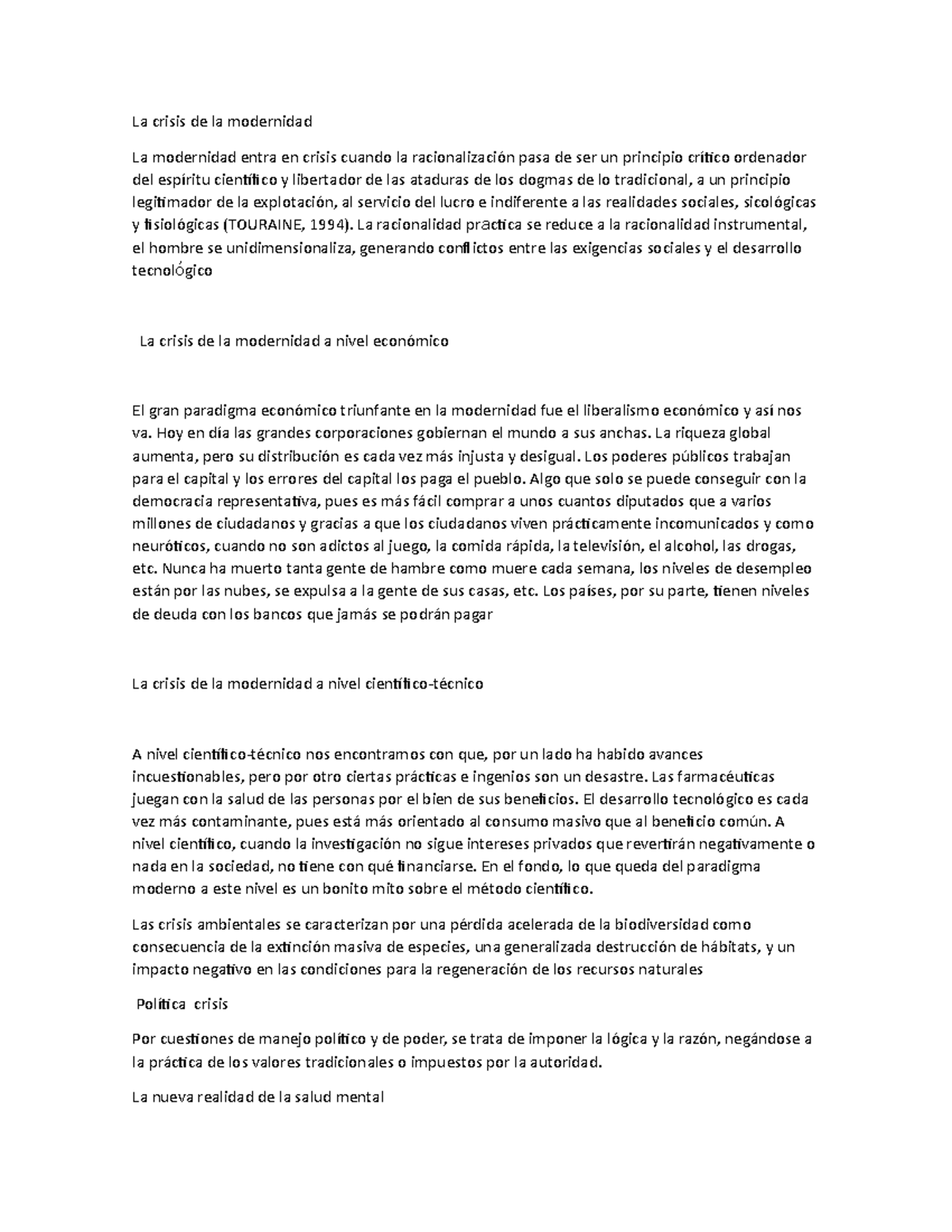 La crisis de la modernidad - La racionalidad practica se reduce a la ...
