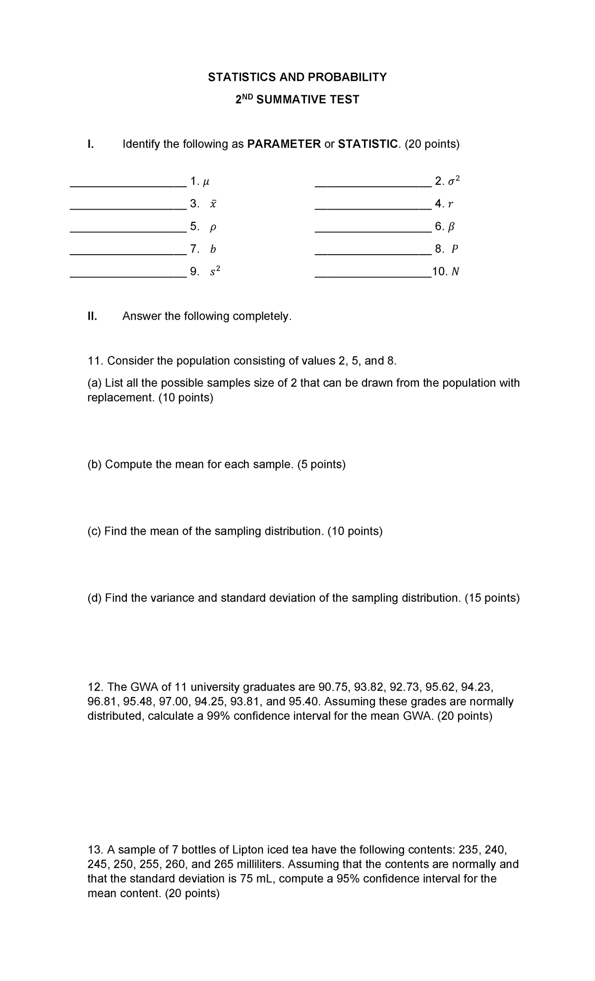 Statistic 2ND Summative STATISTICS AND PROBABILITY 2 ND SUMMATIVE