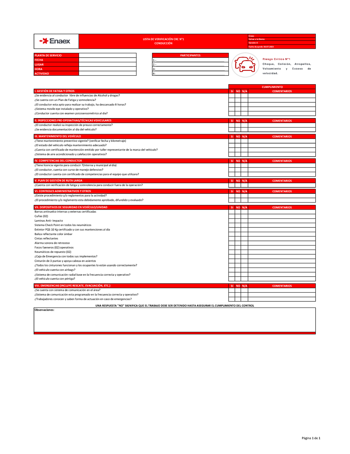 Lista De Verificación Control De Riesgo Critico Conducción - Enaex ...