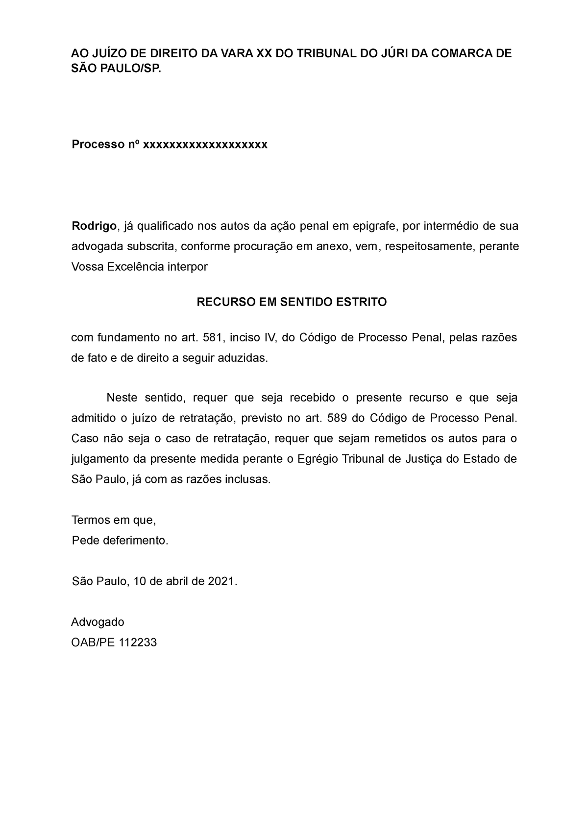 RESE - Modelo De RESE Conforme OAB. - AO JUÍZO DE DIREITO DA VARA XX DO ...