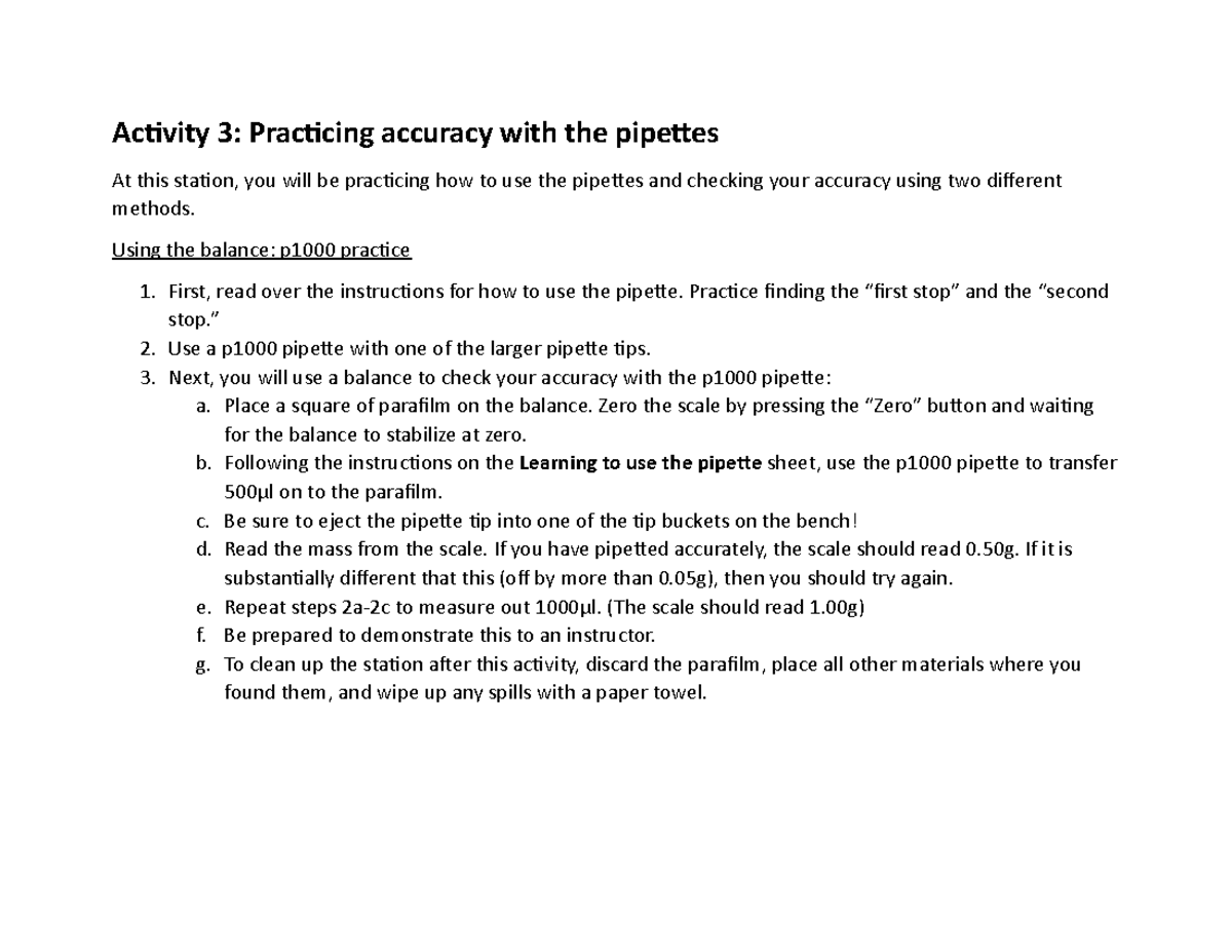 MCB181L Lab9 Micropipette Activity 3 Activity 3 Practicing accuracy