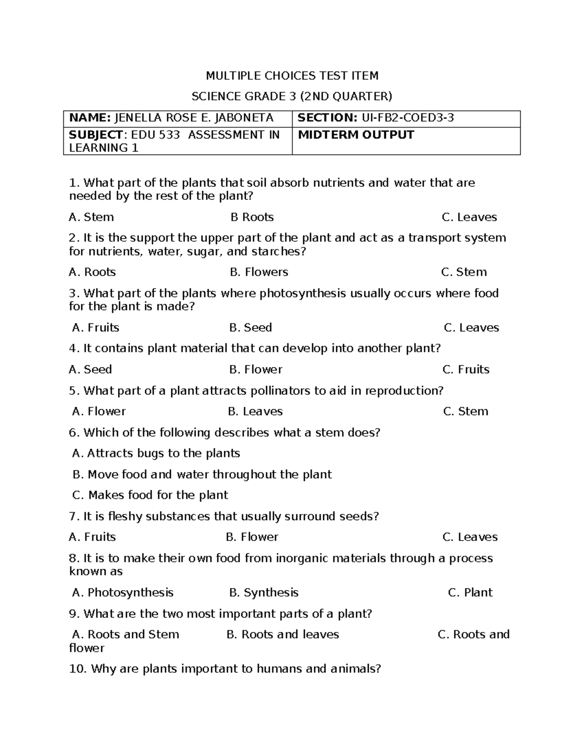 Multiple Choice - Okkk - MULTIPLE CHOICES TEST ITEM SCIENCE GRADE 3 ...