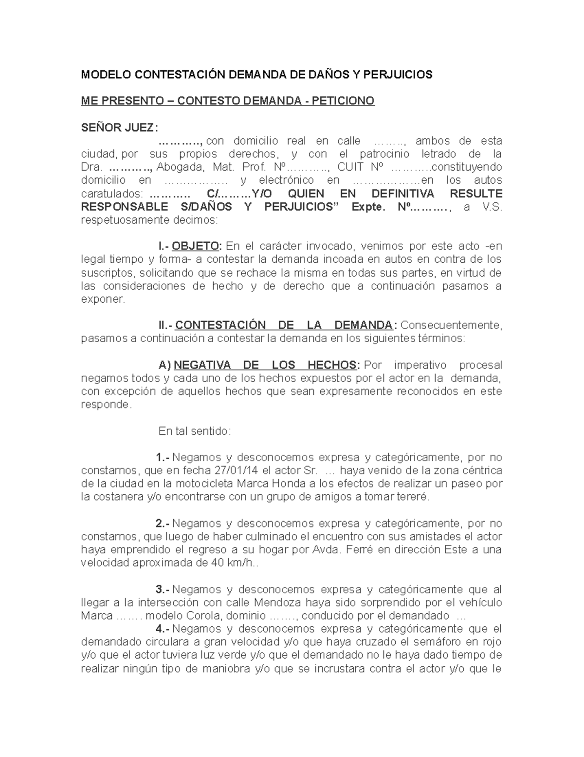 Contestación Demanda DE Daños Y Perjuicios - Modelo - MODELO ...